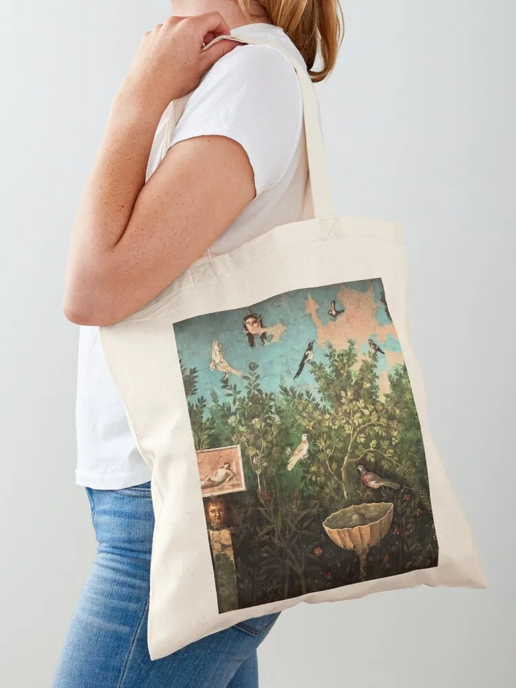 POMPEII COLLECTION / FLYING BIRDS,DOVES,FOUNTAIN IN GARDEN ,BLUE GREEN FLORAL Tote Bag custom bags hand bags Women's handbag
