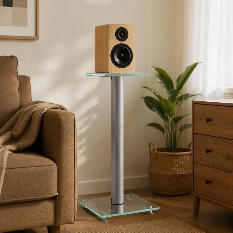Supports pour enceintes en verre trempé argenté à colonne unique, base équilibrée pour équipements audio, adaptés aux salons, zones de loisirs et espaces home cinéma intérieurs
