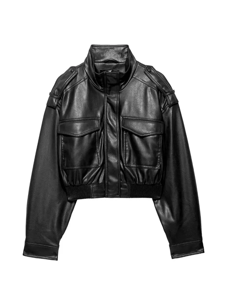 سترة نسائية قصيرة من الجلد الصناعي بأكمام طويلة وياقة عالية، بلوزة أنيقة مع جيوب بغطاء قلاب، ملابس خارجية نسائية #5