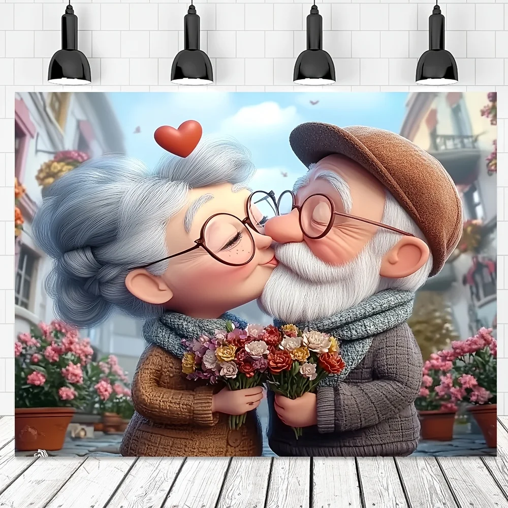 

Sweet Old Couple Tapestry Love Kiss Flowers Romantic Art Wall Hanging Home Decor Elevate Your Space Free Hooks Included