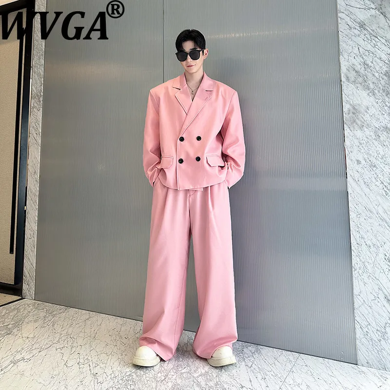 WVGA Spring Autumn New Men's American Minimalist Double-breasted Blazer Niche Casual Draped Wide-leg Pants Two Pieces Set W27623