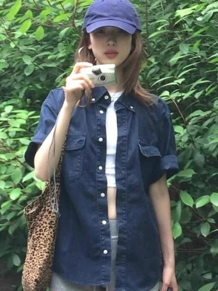 2025 Y2k الجمالية الدنيم جيب الجرونج قمصان النساء واحدة الصدر خمر البلوزات الرجال والنساء الصيف بلوزات فضفاضة ملابس خارجية #1