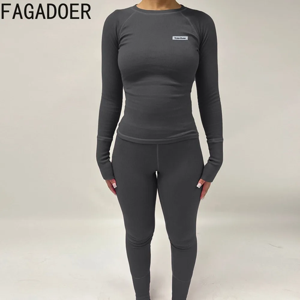 FAGADOER Autumn Casual Solid Sporty Two Piece Sets Women Round Neck Long Sleeve Top And Skinny Pants Outfits Female 2pcs Clothes