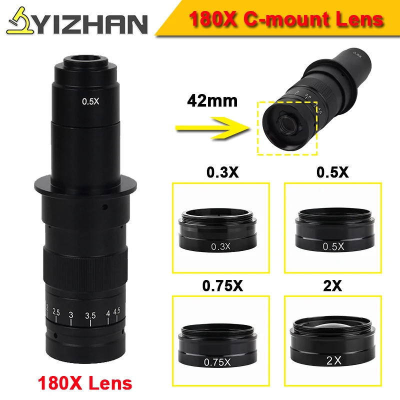 180X C-Mount Zooom عدسة 42 مللي متر قابل للتعديل المجهر العدسة 10-15 سنتيمتر مسافة العمل مايكرو نطاق اكسسوارات الهاتف PCB إصلاح