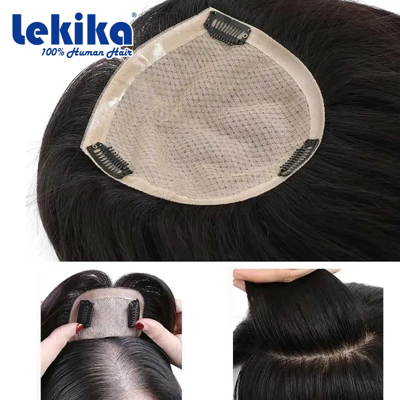 Topper Rambut Manusia Slik & Basis NPu Rambut Eropa Remy Lurus Basis Sutra Full Hand Tied Lembut Bernapas dengan Klip