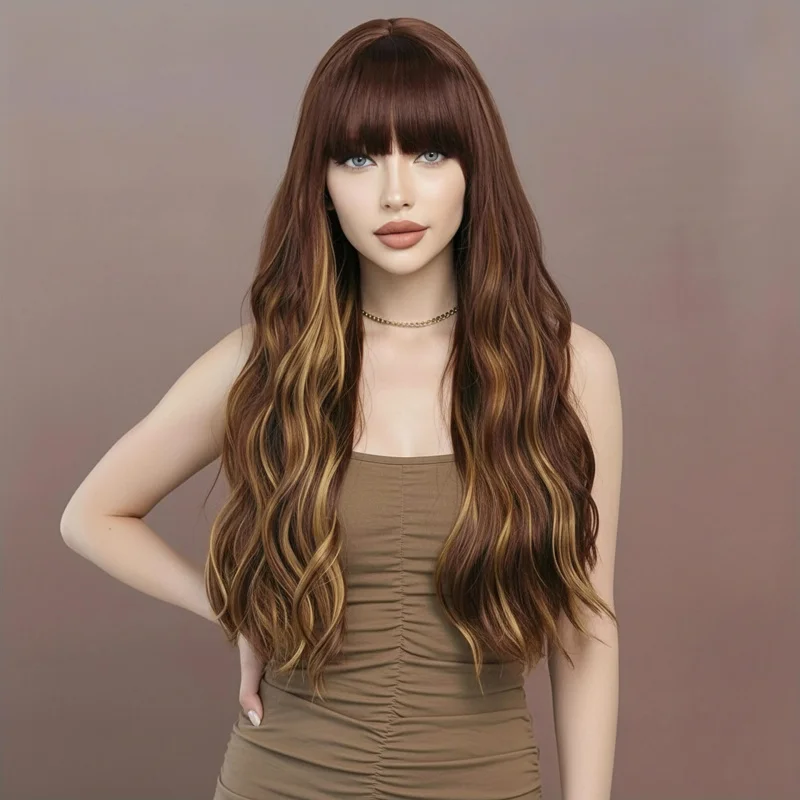 European and American style fashionable women's wig with large waves, brown blonde highlights, ladies' headpiece, high-temperatu