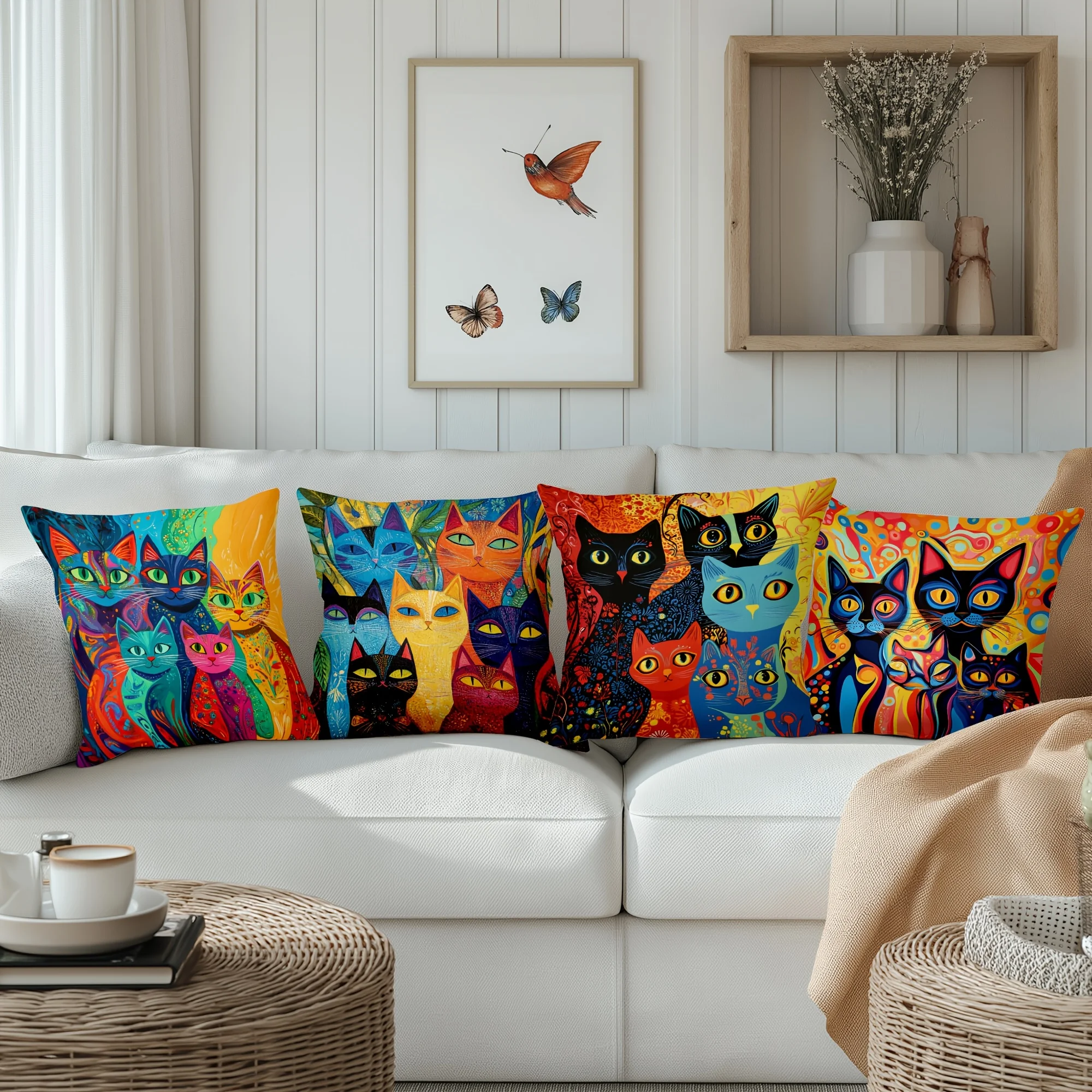 4 piezas  fundas almohada  gato divertido - Diseños  gato  dibujos animados vibrantes, tejido poliéster, con crema