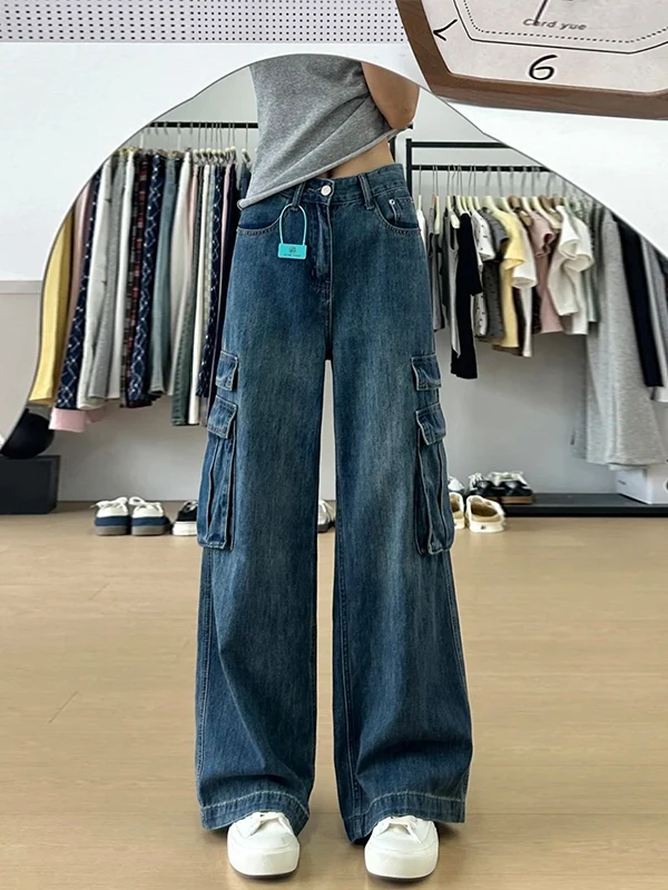 Cintura alta perna larga jeans feminino outono americano retro faca casual solto ajuste calças jeans plus size senhoras jeans