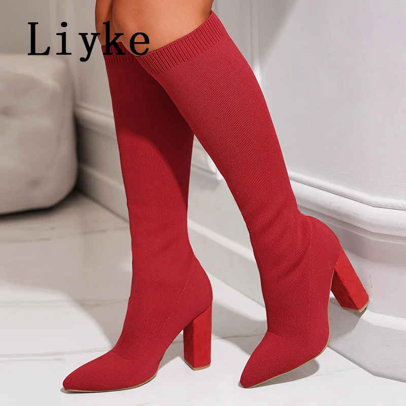 Liyke Autumn Winter Knitted Stretch Fabric Socks Women Knee High Boots Fashion Red Pointed Toe Square Heels Shoes Botas Largas