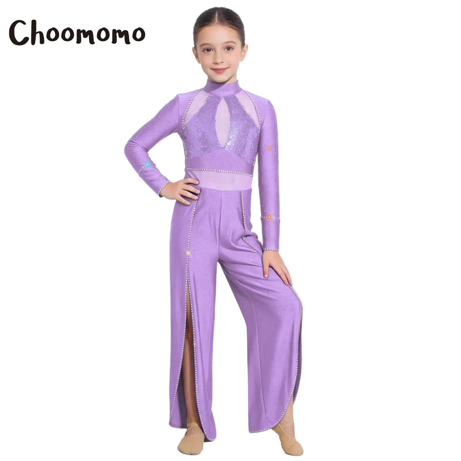

Children Girls Ballet Modern Lyrical Dance Bodysuit Rhinestones Gymnastics Jumpsuit Long Sleeve Sequin Mesh Split Wide Leg Pants