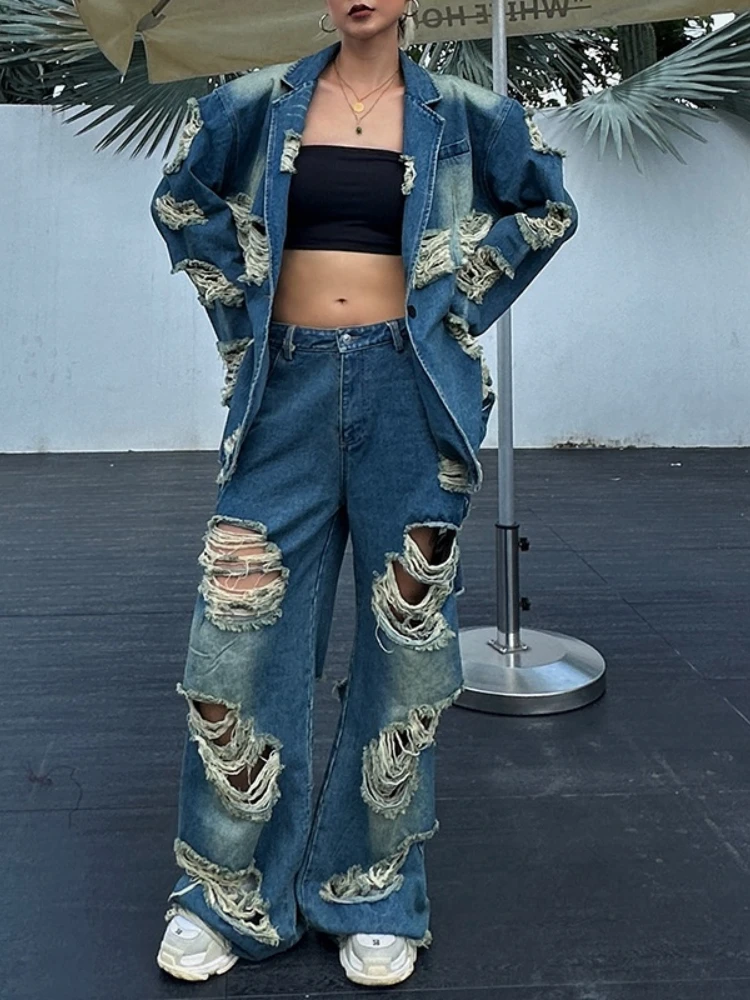 Vintage Street Denim Suit 2023 Autumn Ripped Tassel Loose Blazer Coat+Wide Leg Casual Jeans Straight Pants Two-Piece Set