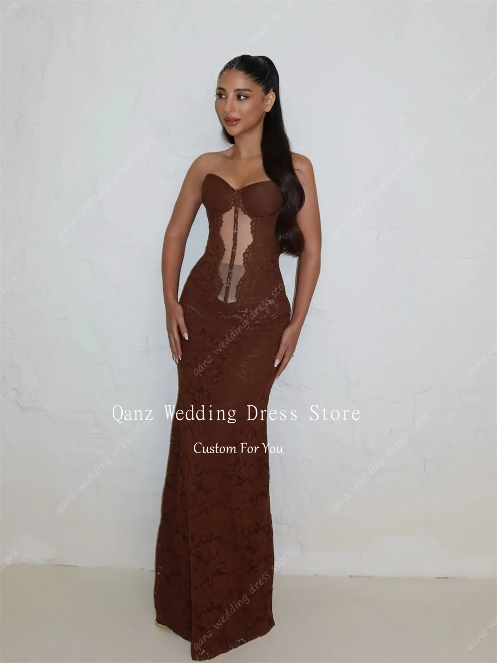 Sukienki na bal maturalny Qanz Brown Chic Lace, damskie, syrenka, dekolt w serduszko, gorset z tyłu, suknie wieczorowe, bez rękawów, Vestidos De Festa, szyte na miarę