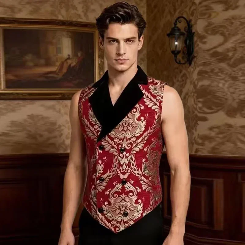 Men Vintage Gothic Victorian Jacquard Waistcoat, Double Breasted Floral Pattern Vest for Wedding Party Cosplay & Daily Wear