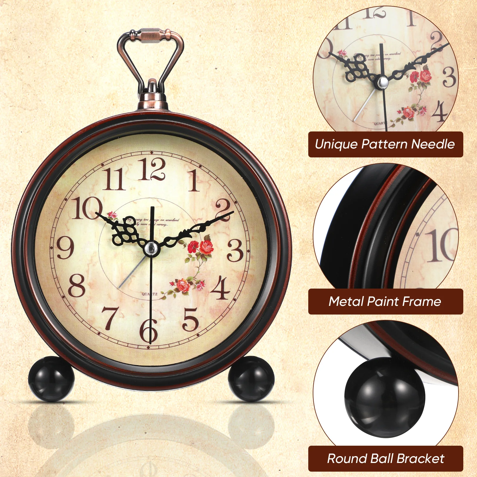 

Vintage Style Alarm Clock with Glass Lens Silent Non-Ticking Quartz Movement Retro Desk Clock for Kids Seniors Decorative