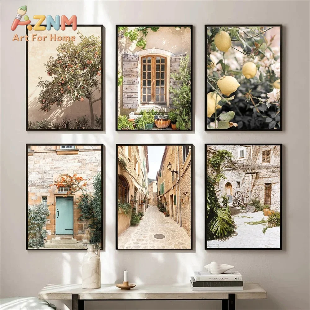 AZNM Vintage Mediterranean Village Canvas Wall Art European Old Street Lemon Plant Scenery Print for Living Room Bedroom Home De