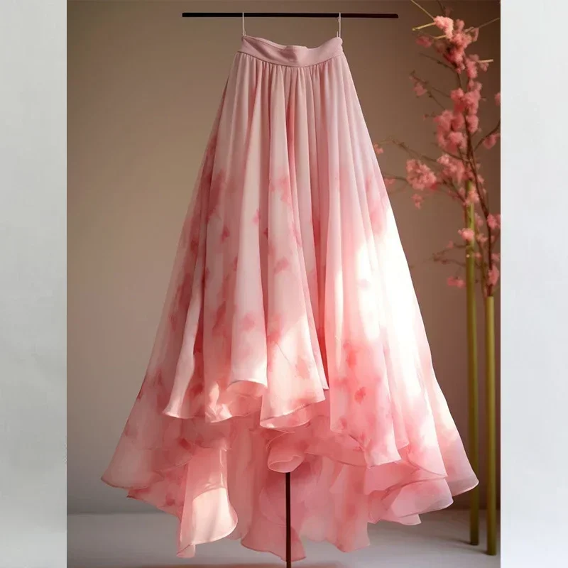 Women High Street Sweet Lolita High Waist Zipper Chic Asymmetrical Big Skirt Summer New Solid Color Fashion Pink A-line Skirt