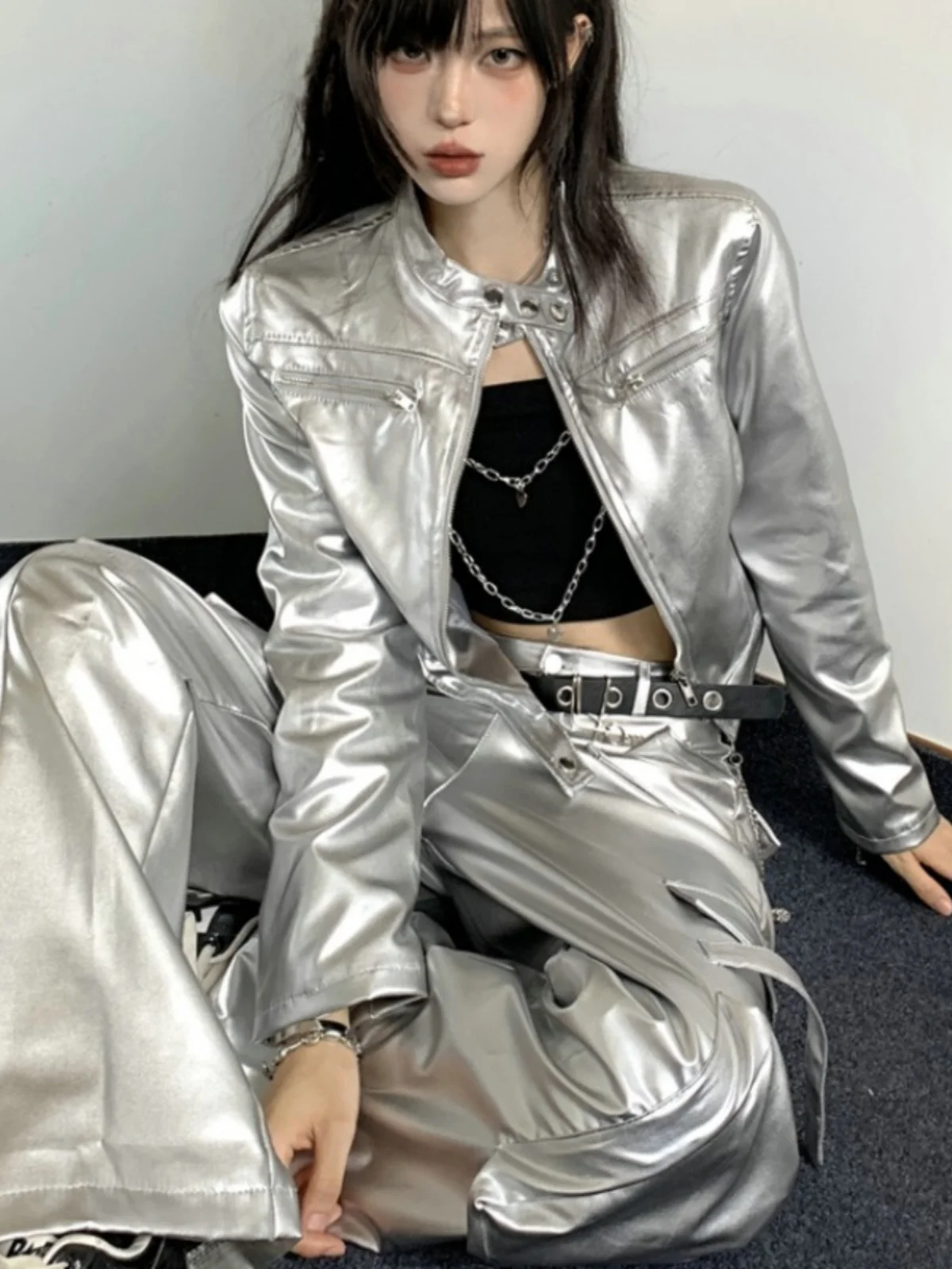 Silver Jaet Motorcycle Cool Haome Set Jazz Dance iny Outerwear Women's Faion Autumn 2025 Sequin Material