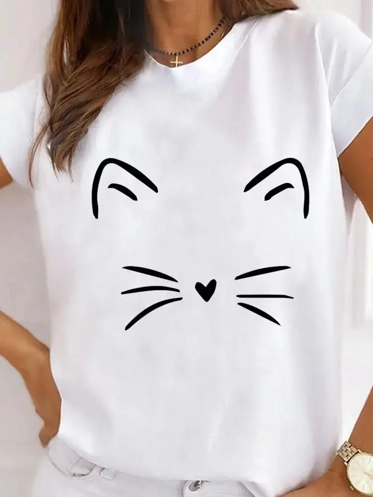 Fashion Short Sleeve Ladies Print Cute Women's Clothing Graphic Tee Cat Face Animal Lovely Clothes Summer Female T-shirts