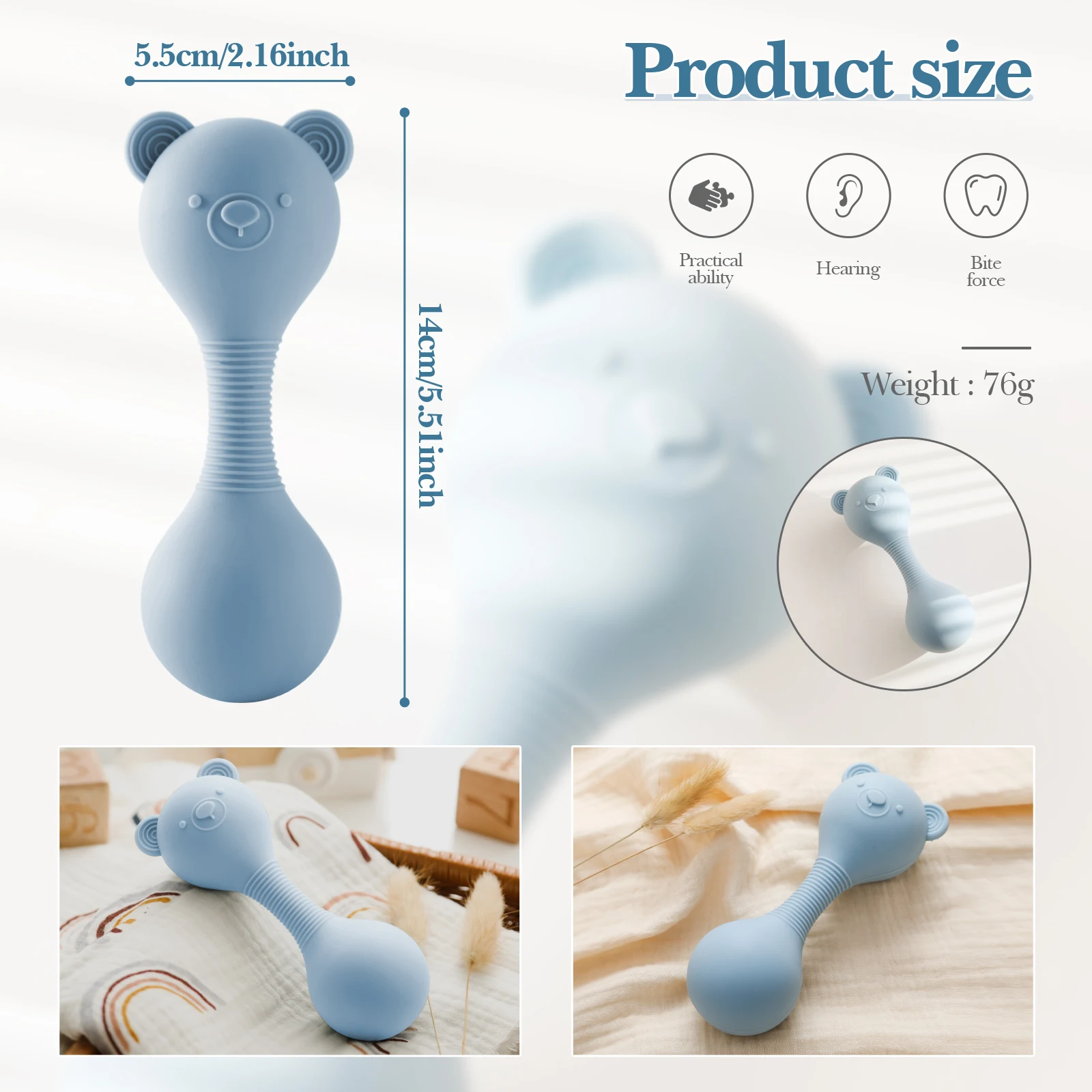 Babyrasseln aus Silikon, Maracas-Spielzeug, Cartoon-Bär Sandhammer, Babyspielzeug 0-12 Monate, Rassel-Silikon-Beißspielzeug als Babygeschenk – Detail 4