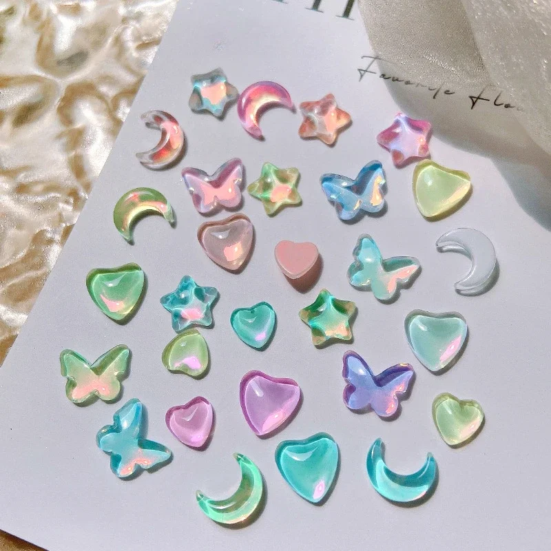 20pcs Nail Charms Mocha Love Butterfly Star Moon Flat Bottom Crystal Diamond Aurora Magic Color Manicure Accessories