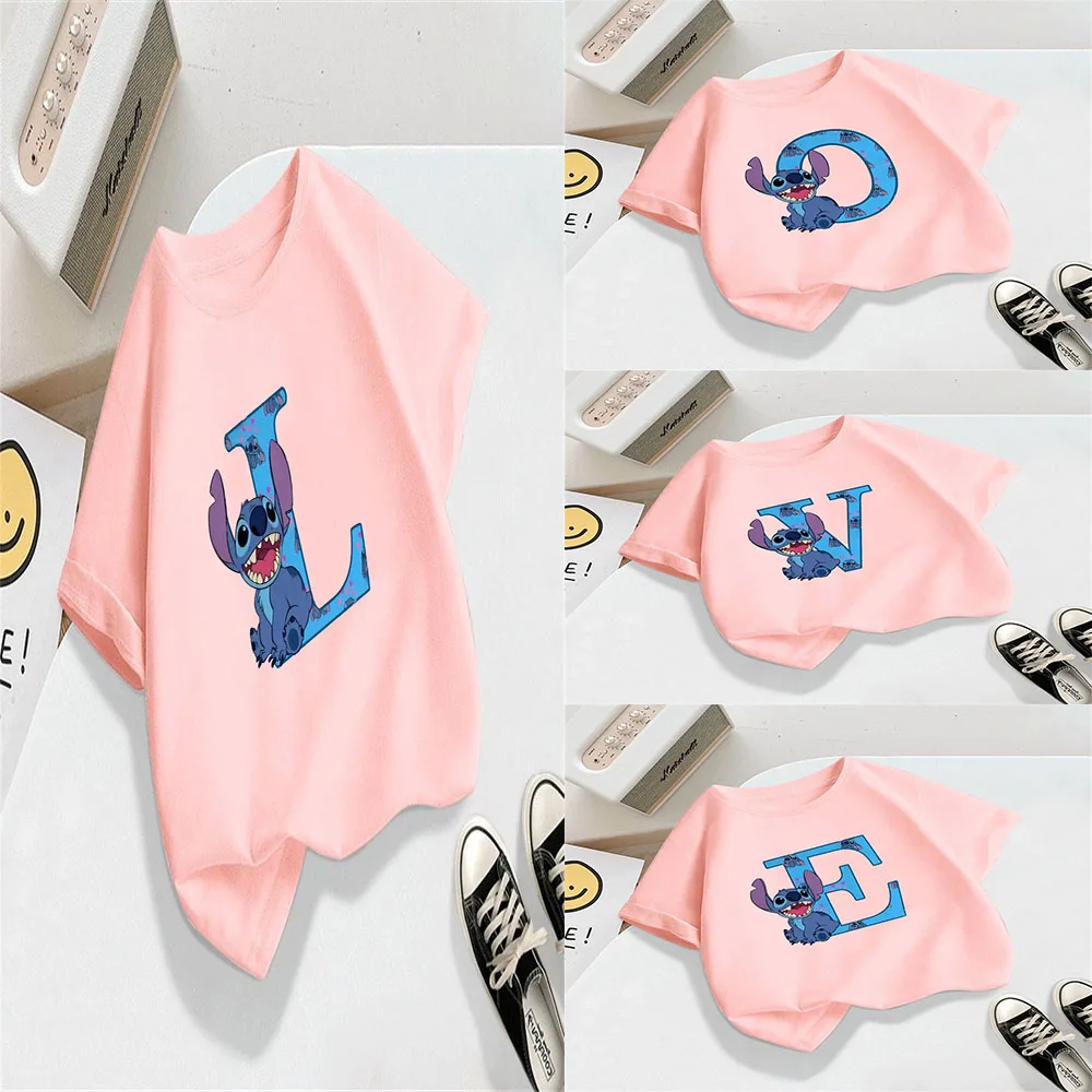 Disney Collection Stitch Children's T-shirt A-Z Lucky Letter t shirt Summer Kawaii Casual Short-sleeved Top O-neck Cute Clothes