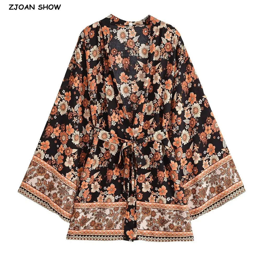 Bohemian Women Black With Orange Floral Print Kimono Shirt Holiday Beach Tie Bow Sashes Mid Long Cardigan Blouse BOHO Cape Tops