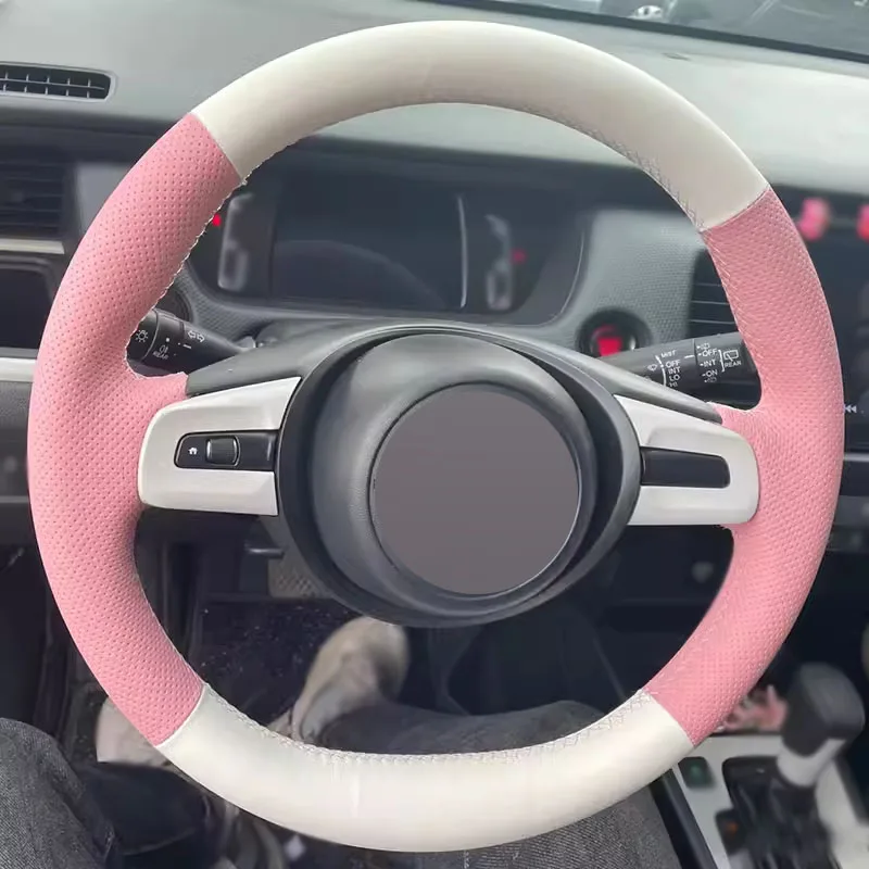 Smooth White Leather with Pink Perforated Leather Full Wrap Hand Stitching Steering Wheel Cover Car Accessoires for Honda Fit 4