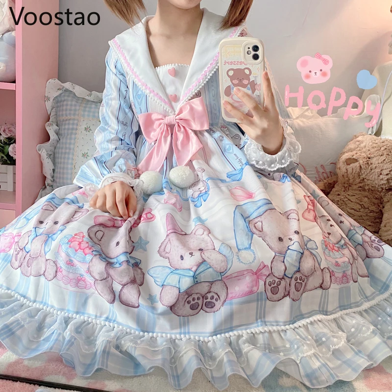 Japanese Sweet Lolita OP Dress Women Kawaii Cartoon Baby Bear Lace Bow Long Sleeve Cute Dress Girls Harajuku Tea Party Dresses