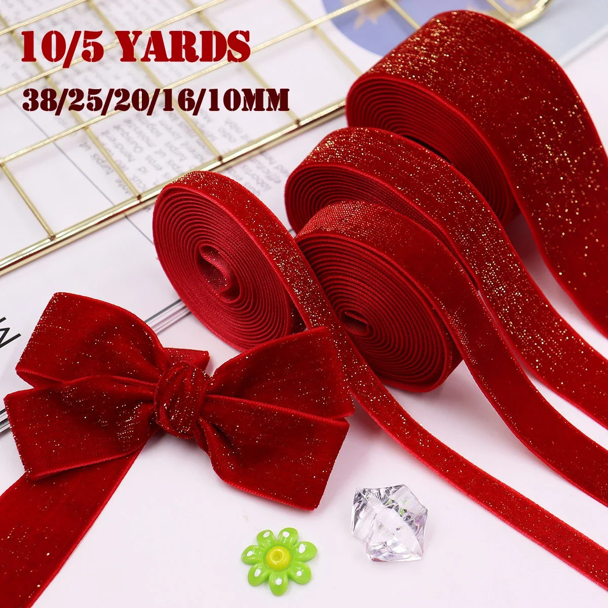 5Yards 38/25/10MM Christmas Ribbon Red Sparkle Velvet Ribbons for Garland, Gifts, Wrapping, Bows Christmas Decoration Tools