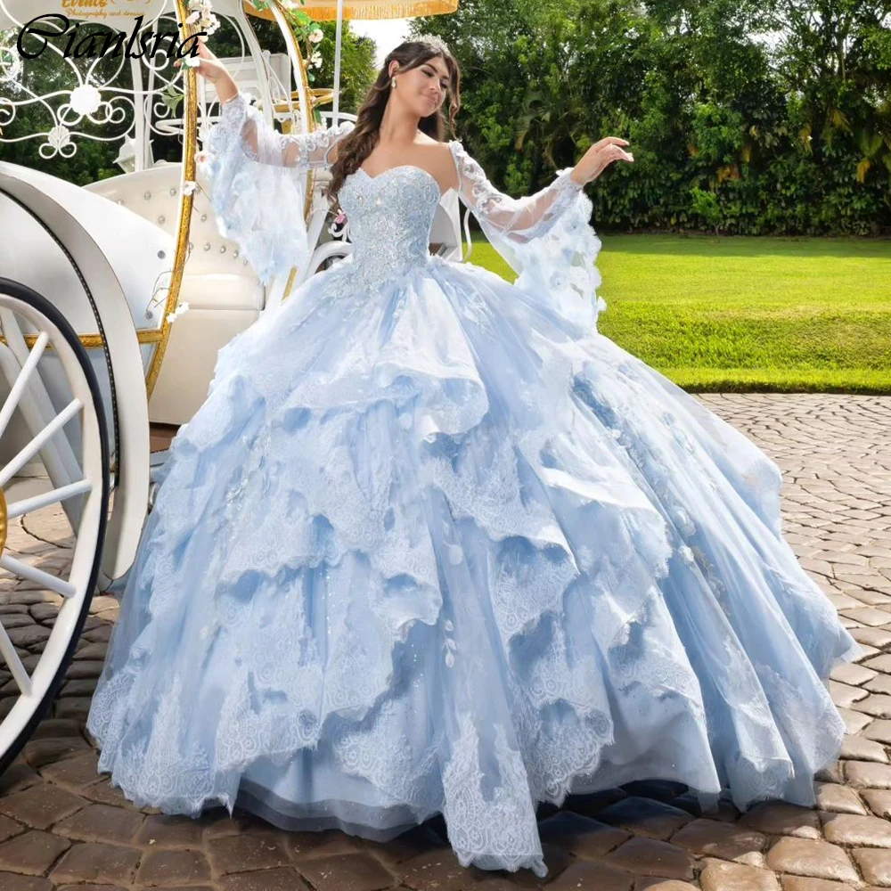 Light Blue Appliques Lace Ruffles Ball Gown Quinceanera Dresses With Jacket Sweetheart Beading Corset Vestidos De 15 Años