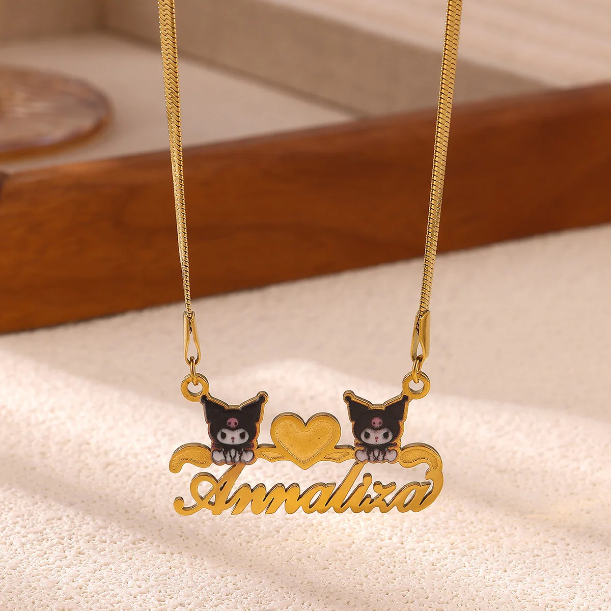 Oil Dripping Custom Two Kuromi Heart Name Necklace Personalized Pendant Stainless Steel Cartoon Sanrio Jewelry Halloween Gift