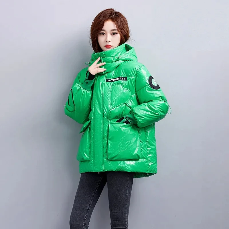 Womens Loose Print Padded Down Jacket Cotton Coat Bright Wash Free Thicken Parkas Female Outerwear New Winter Jackets