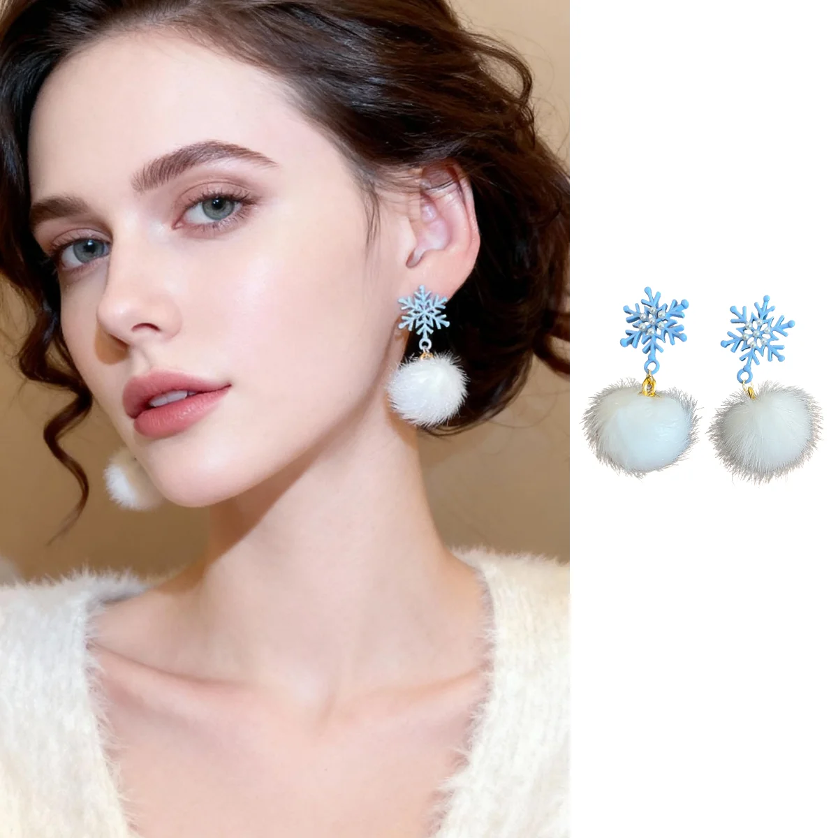 

New Fall/Winter Collection Snowflake Faux Fur Ball Fresh-Style Stud Earrings Adorable Pom-Pom Earrings with Sweet Atmosphere