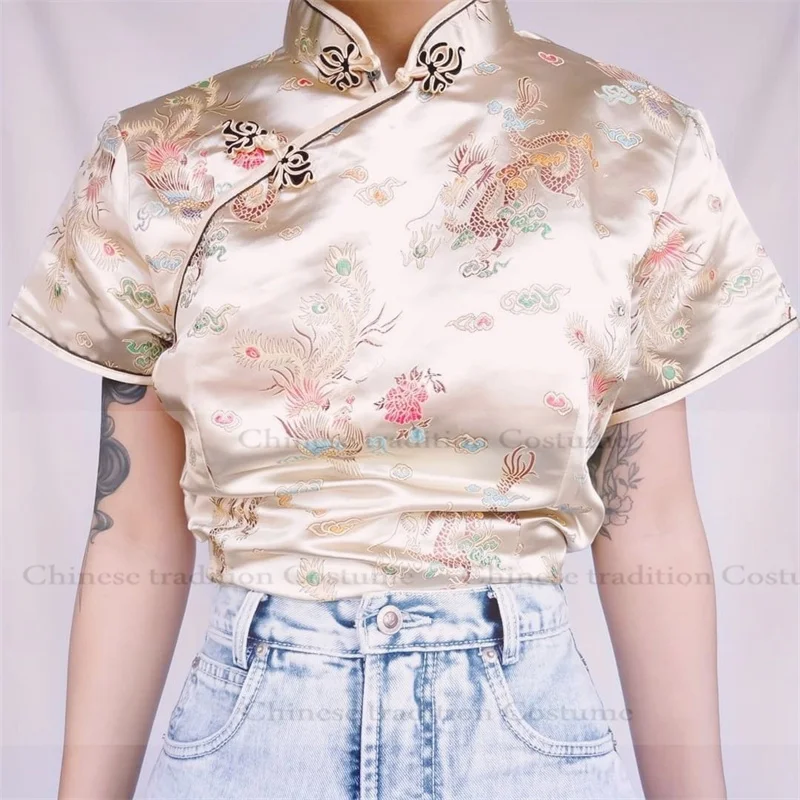 

Gold Dragon Print Chinese Style Clothes Short Sleeve Qipao Top Tradition Asia Style Costume Satin Chesongam Shirt Lady Blouse