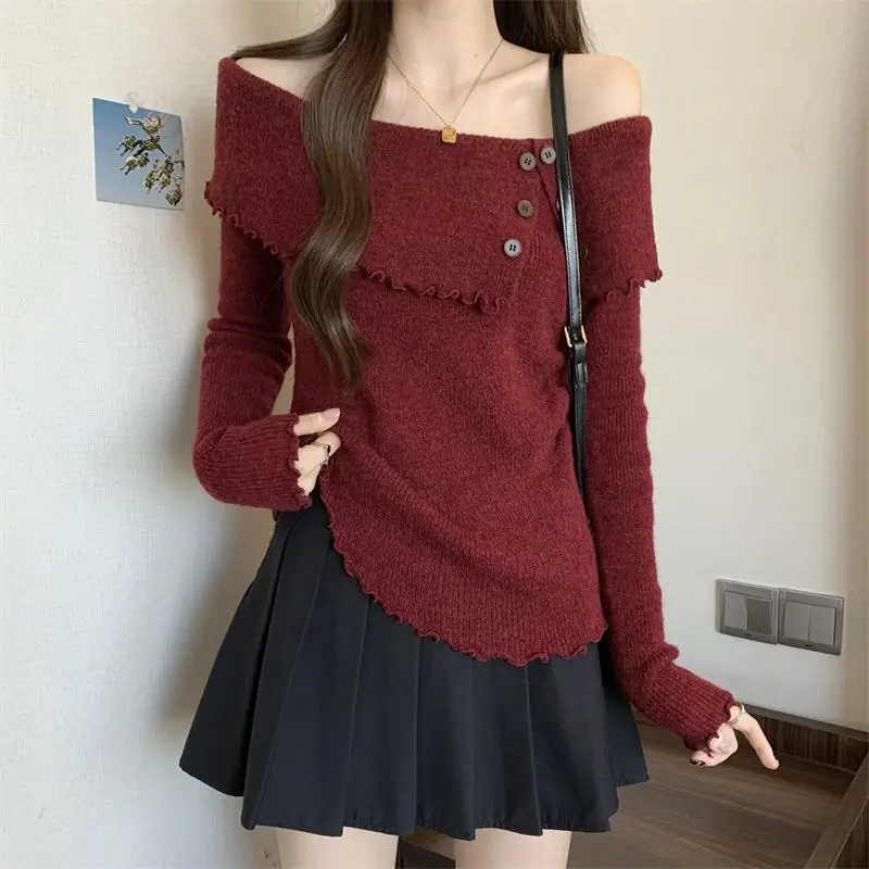 Elegante Slash Neck Strick T-Shirt weibliche Kleidung Vintage einfarbig Herbst Winter Mode Knopf schlanke Langarm Pullover