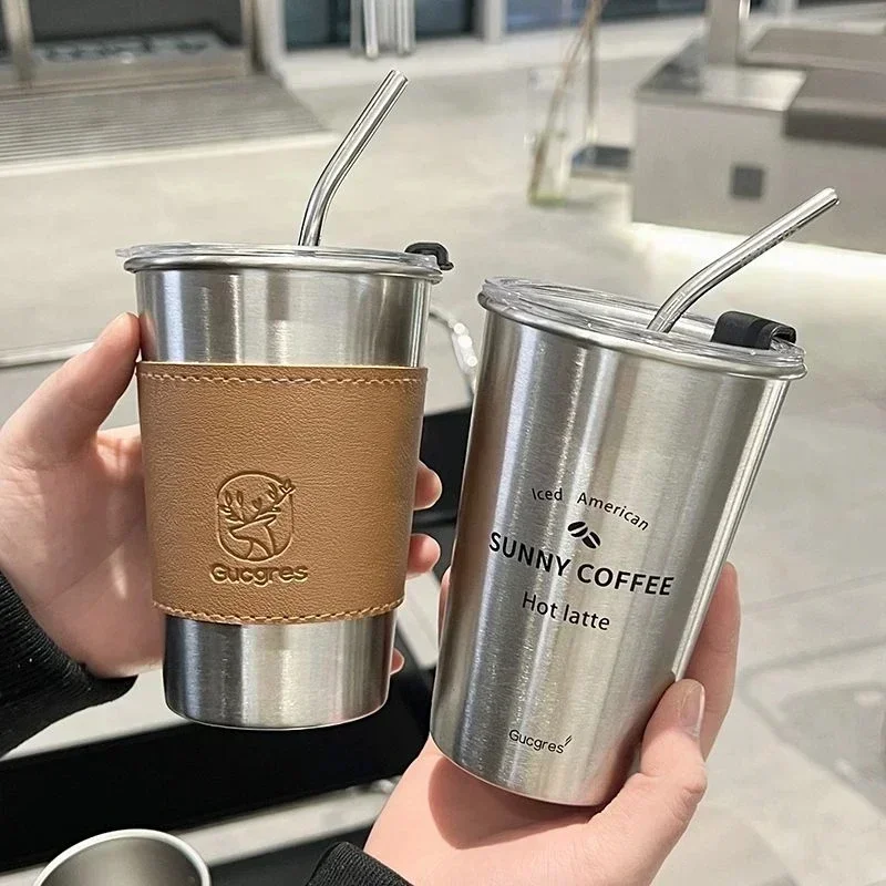 Portable Coffee Mug with Straw Lid, Stainless Steel, Drinking Beer, Milk, Water, Restaurant, Bar Party, 500ml