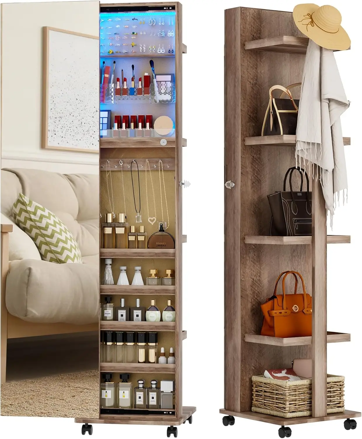 360° Rotating 63''LED Jewelry Armoire, Full Length Mirror with Jewelry Storage Rear Storage Shelves