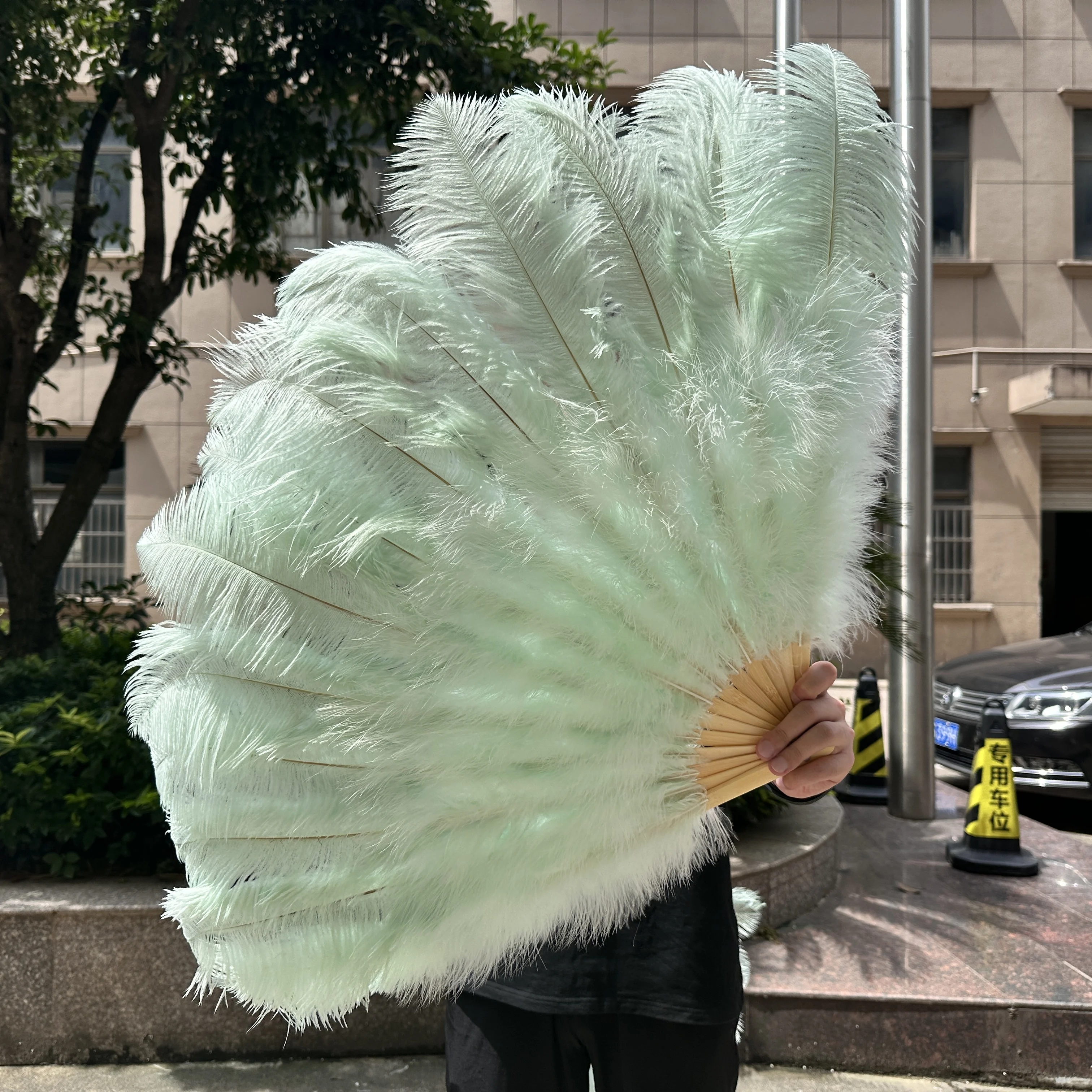 

1/2PCS Mint Green Ostrich Feather Fan 13 Bone 100/130CM Fluffy Feather Handheld Fan for Carnival Party Stage Performance Props