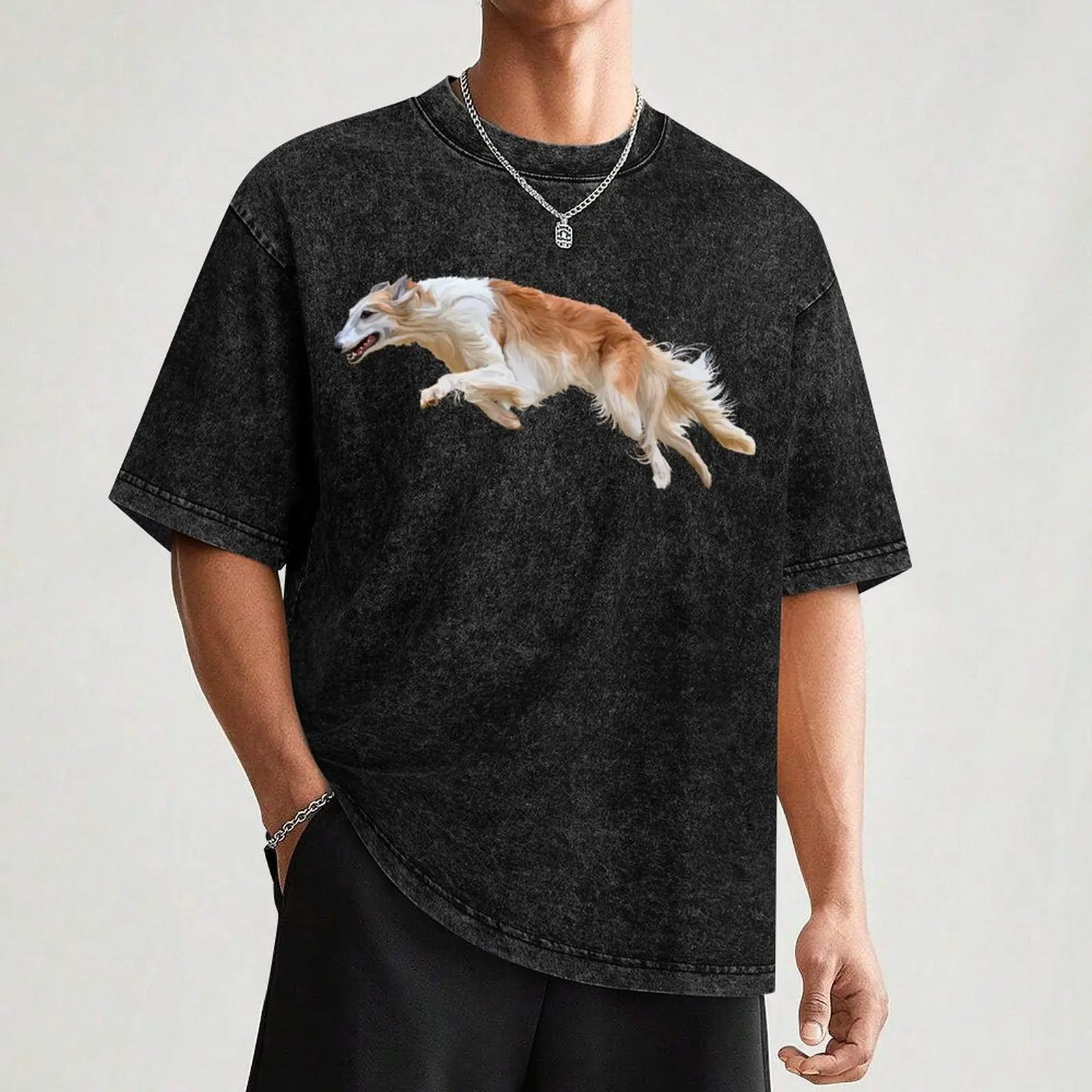 Running White and Tan Borzoi Dog T-Shirt Casual Fashion Short Sleeve Cotton T-Shirt