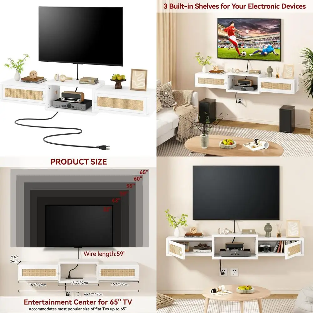 

Современная подставка для телевизора из ротанга с дверцами, настенная полка для телевизоров до 55 лет, шкаф для хранения вещей для гостиной или спальни, белый