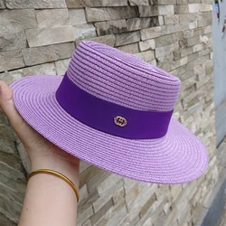 Women's Hat Summer Straw Hat Elastic Ribbon Flat Top Men's and Women's Straw Hat Sun Hat Beach Hat Rose Red Flat Top Straw Hat