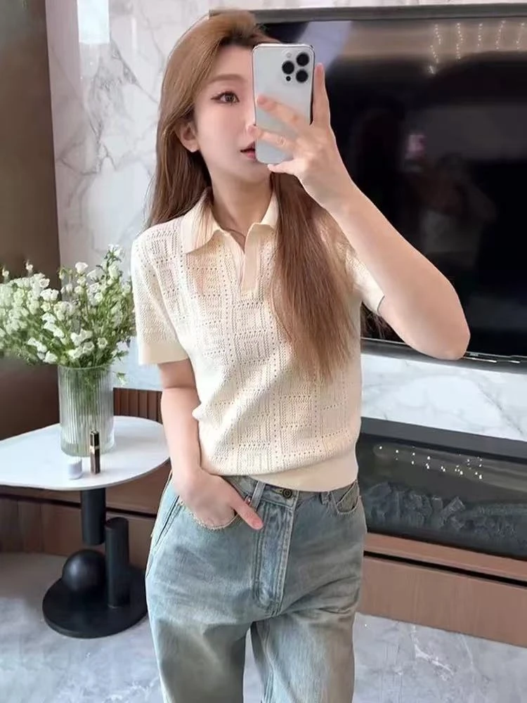 Branco jacquard malha camisola t feminino 2025 verão elegante chique moda senhoras topos malhas manga curta oco para fora jumpers