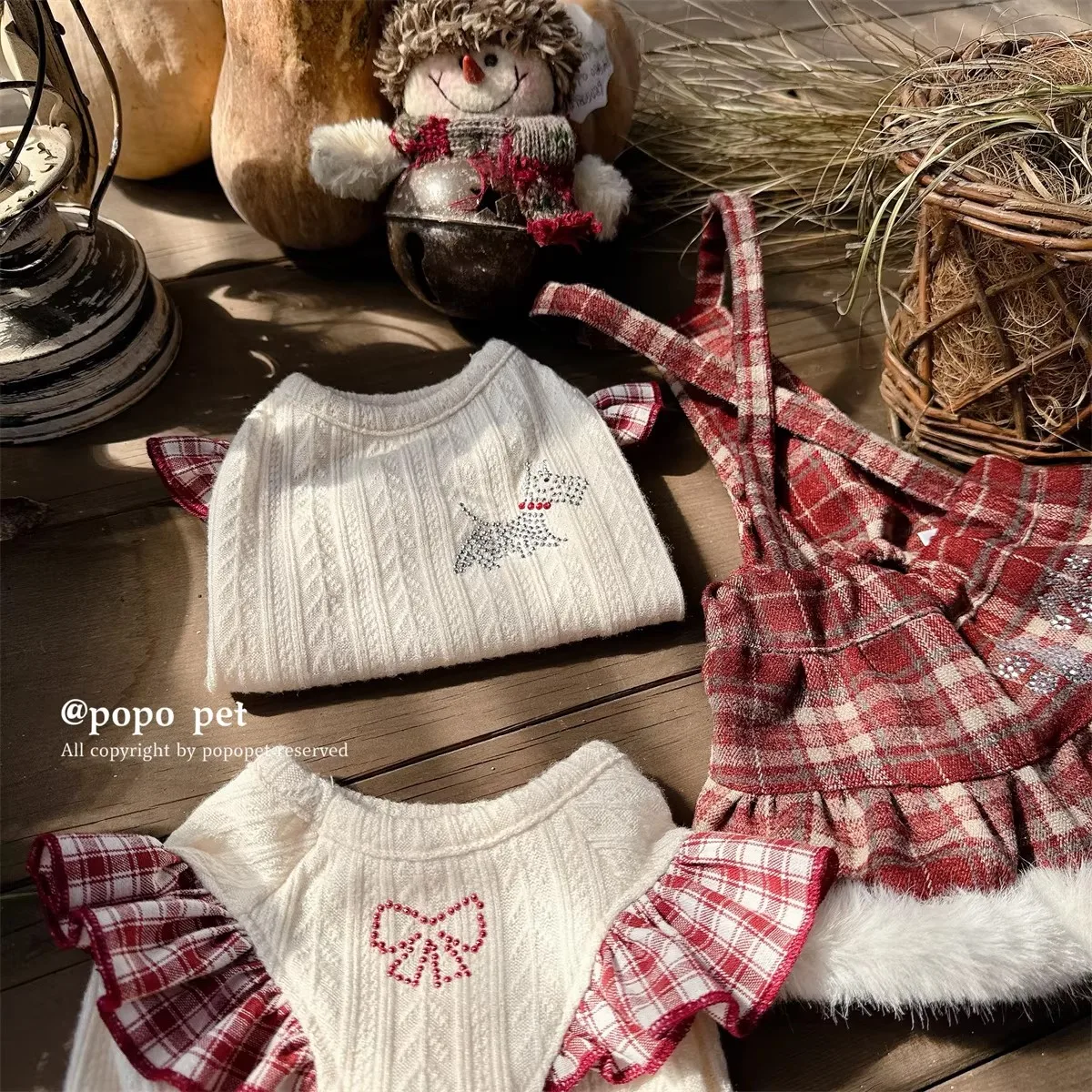 

High Custom Premium Quality Pet Cream Puff Sleeve Sweater & Red Plaid Skirt, Classic Cute Style for Small Dogs and Cats