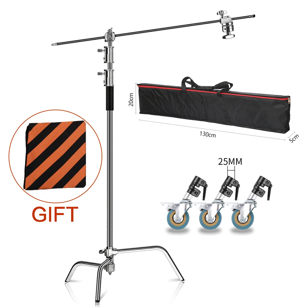 C-Stand SH Heavy Duty Stainless Steel  with Hold Arm and Grip Head  and Wheels 260cm Stand with Adjustable Leg for Photography