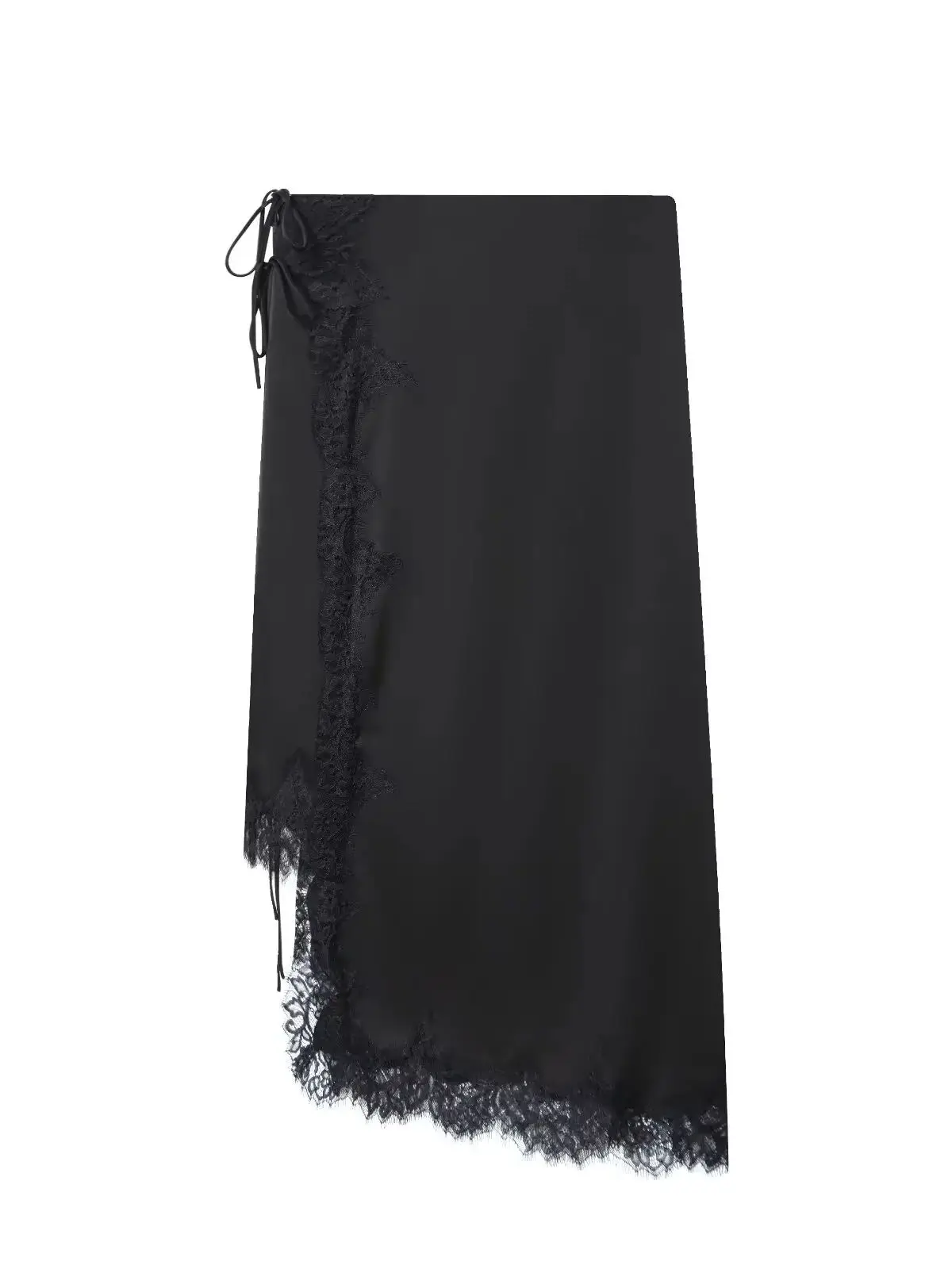 2026 Autumn Winter Women's European Vintage Silk Satin Lace Asymmetric Skirts Lady Elegant Zip Lace-up Evening Party Midi Skirt