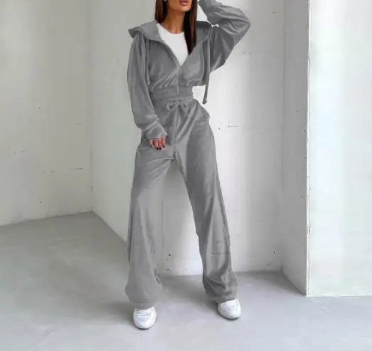

Hot Selling Women's Solid Color Hooded Casual Zipper Sports Suede Jacket Long Pants Set Loose and Comfortable Retro Pants Set