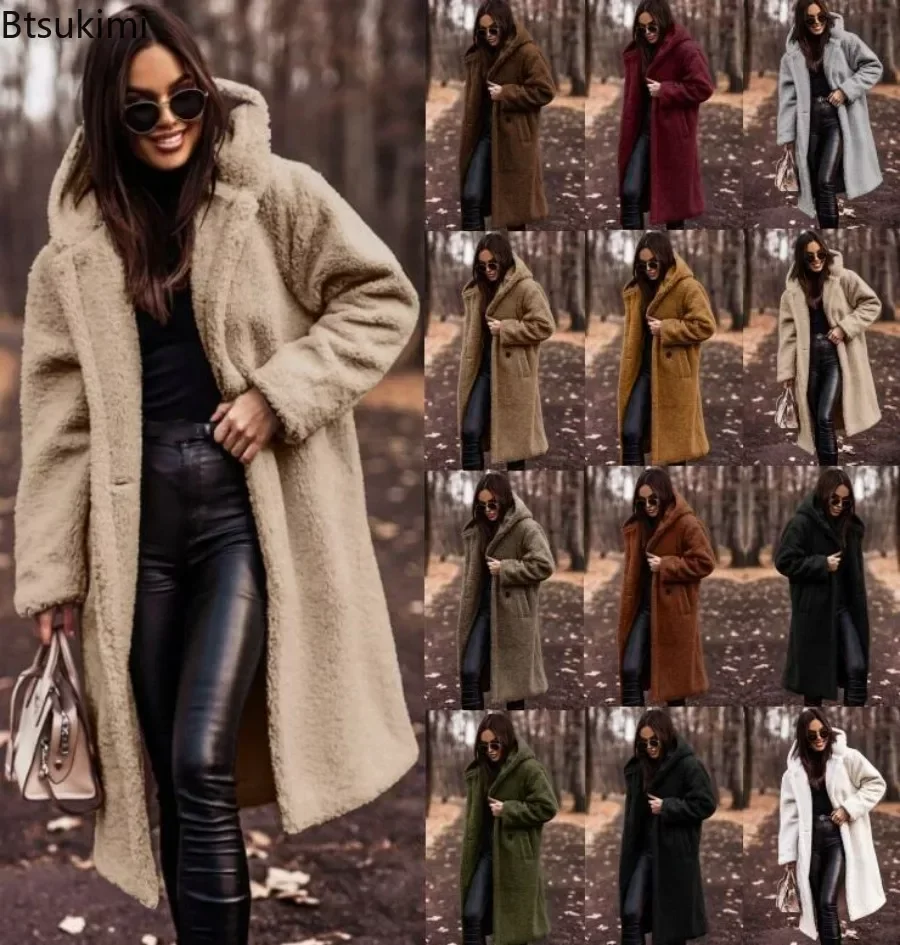 New 2024 Women's Thick Warm Long Coat Jacket Plush Keep Warm Faux Fur Coat Women Autumn WinterJacket Female Outwear Wool Blends