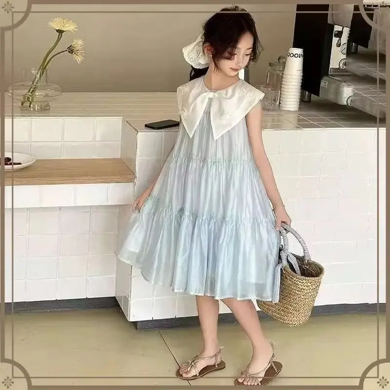 Girls Dress Summer Blue New Style Fashionable Little Girl Princesses Dress Summer Dress Children's Baby Vest Dresses 7-12Y Kids