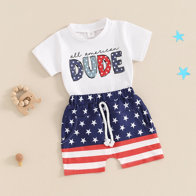 2024-04-03 lioraitiin 0-3Y Baby Boys 4th of July Outfits Summer Letter Short Sleeves T-Shirt and Elastic Star Stripe Shorts Set