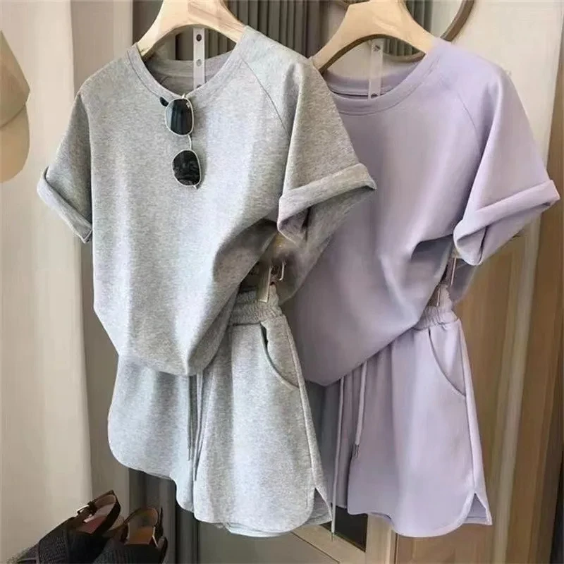 

﻿ 2 Piece Set Women Summer Loose Short Sleeve T-Shirt Casual Shorts Sports Print Letter Casual Suit Large Size Short Pajamas